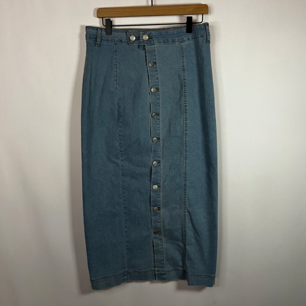 Boutique Skirt Women XL Denim Button Front Midi Light Wash Blue Denim Jean Boho